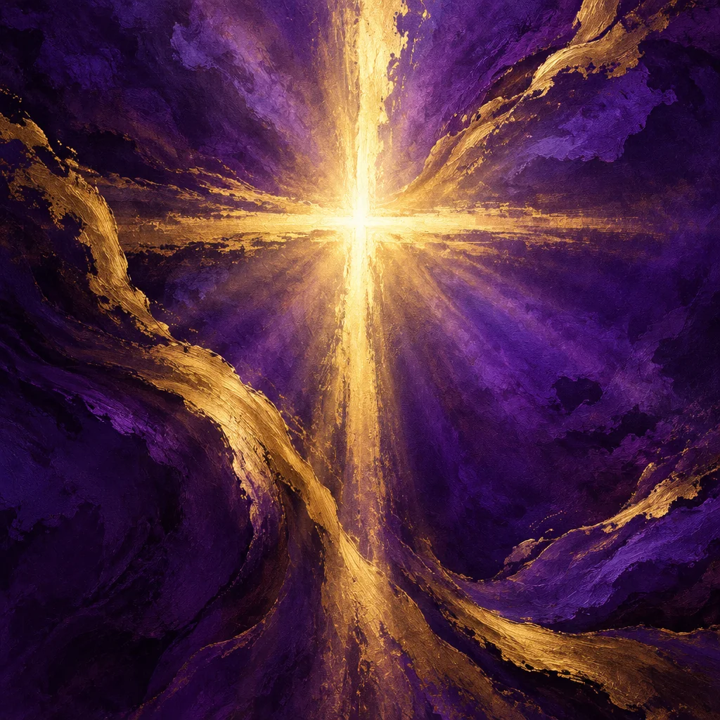 Single cover art with a gold cross of light over royal purple